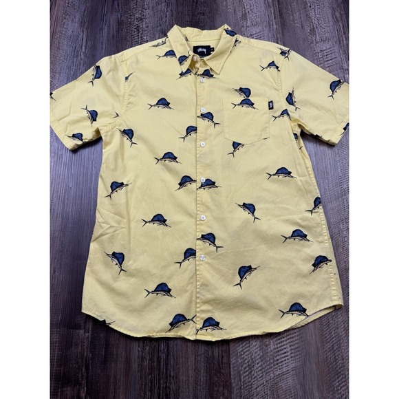 Stussy Other - Stussy Marlins Hawaiian Button Up Shirt Yellow Medium Skate Fishing Streetwear
